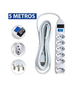 Extensão Filtro de Linha de 5M Com 6 Tomadas 
